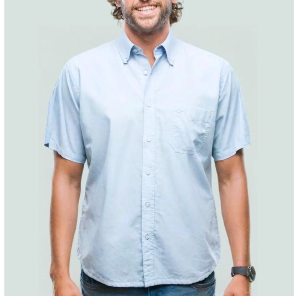 Saint James France Shirt Men M Short Sleeves Button Down Embroidered Logo Blue